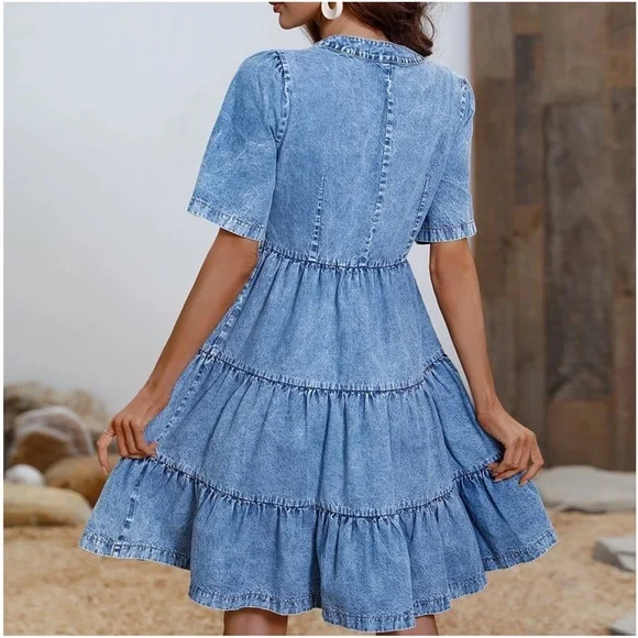 Chambray Button up Ruffle denim Mini Dress - Picture 6 of 7